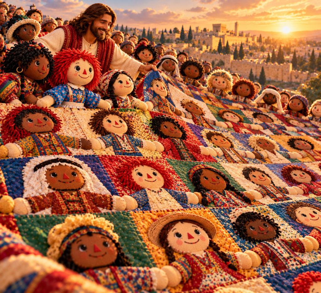 A vast colorful patchwork quilt formed from diverse handmade rag dolls stretches toward a sunlit city as Jesus lovingly gathers them together.