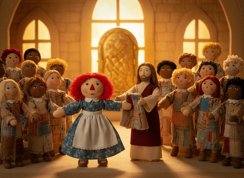 Raggedy Ann and a multicultural choir of stitched cloth dolls wear patchwork choir robes while Jesus welcomes them into joyful worship.