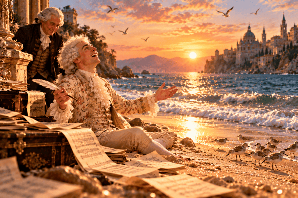 An 18th-century composer seated on a beach at sunset, surrounded by music and an abundant ocean.