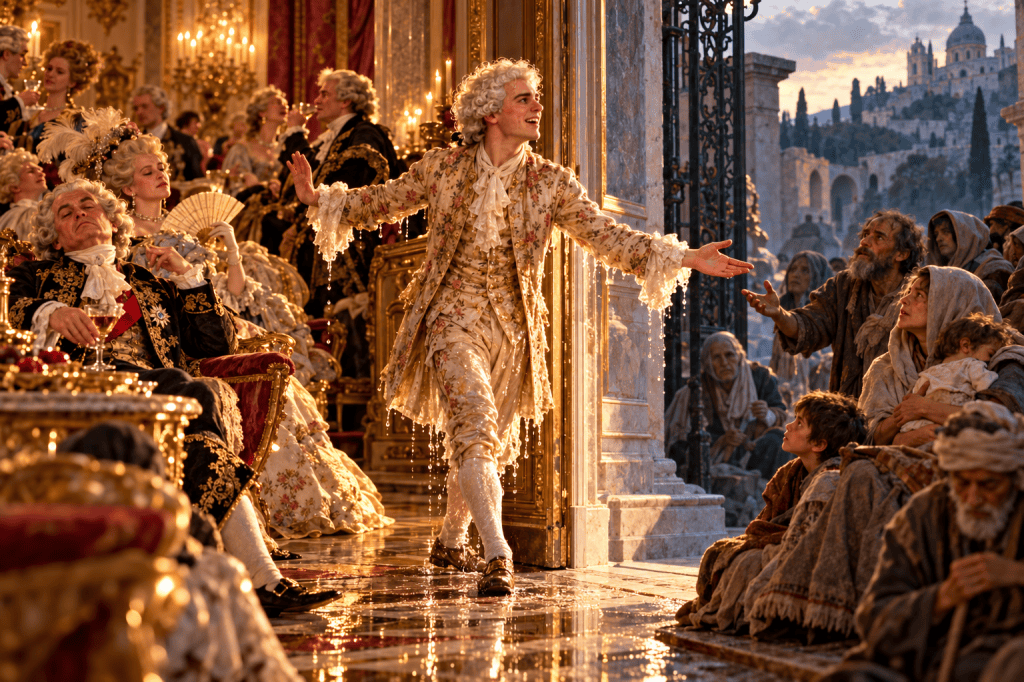 A soaked 18th-century composer stands at the threshold between a lavish palace and a crowd of poor and oppressed people outside, extending himself toward them while the wealthy turn away.
