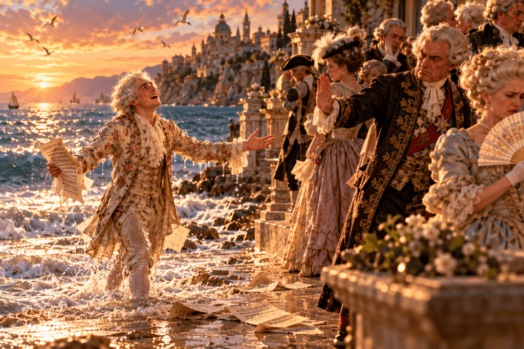 An 18th-century composer emerging from the sea at sunset while members of refined society recoil from him, in a cinematic Baroque scene.