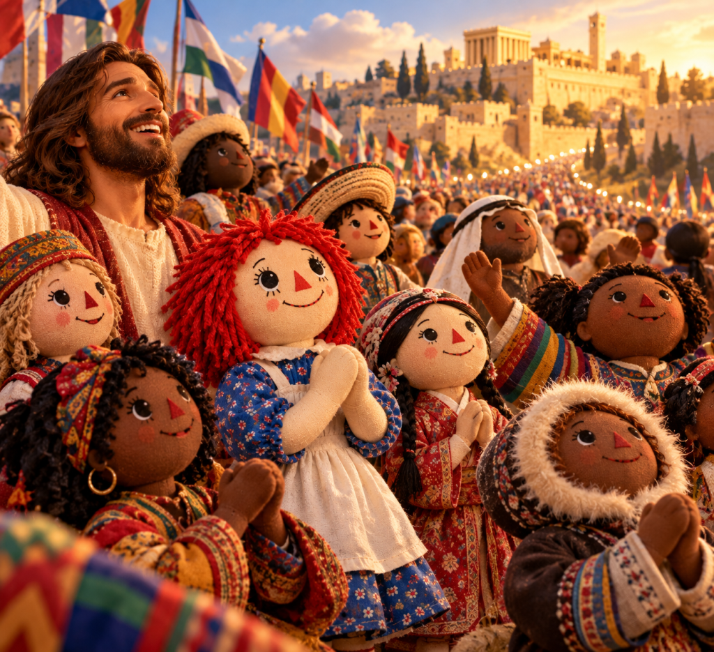 Raggedy Ann and a diverse gathering of handmade cloth dolls worship with Jesus before a glowing city of Jerusalem.