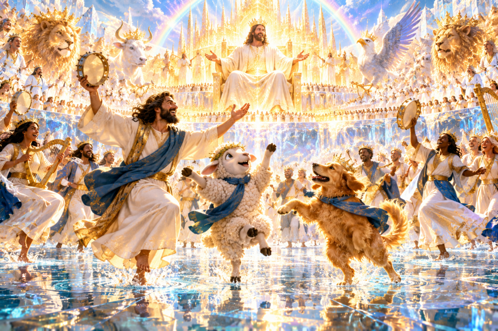 A radiant heavenly chorus dances on a glass-like sea before Christ, surrounded by saints, elders, living creatures, and worshippers in golden light.