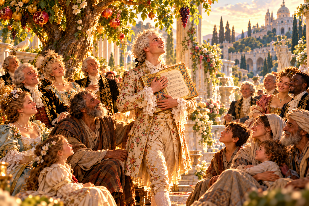 An 18th-century composer embraces an illuminated musical manuscript beneath a fruit-laden tree, surrounded by people from different social classes sharing joyful fellowship in a golden garden.