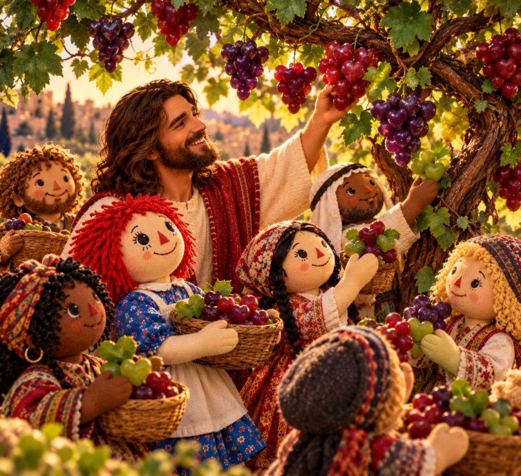 Jesus and Raggedy Ann with a diverse family of cloth dolls gathering grapes from a flourishing vine in a golden vineyard.