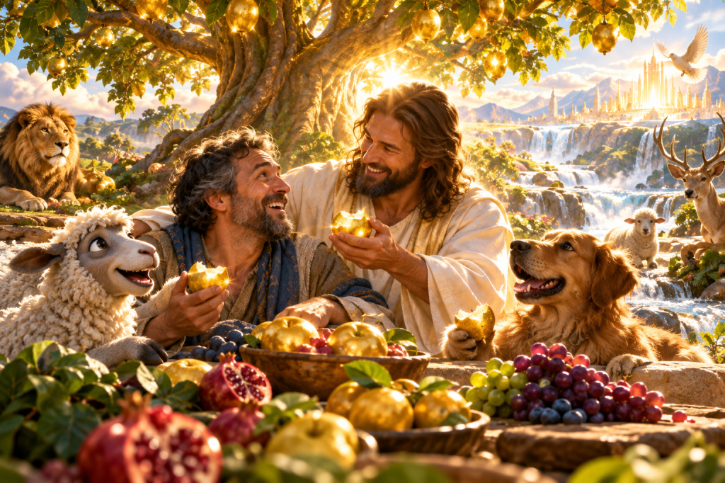 A radiant garden beneath a fruit-laden tree where Christ shares golden fruit with a joyful companion among peaceful animals, waterfalls, and a luminous city.
