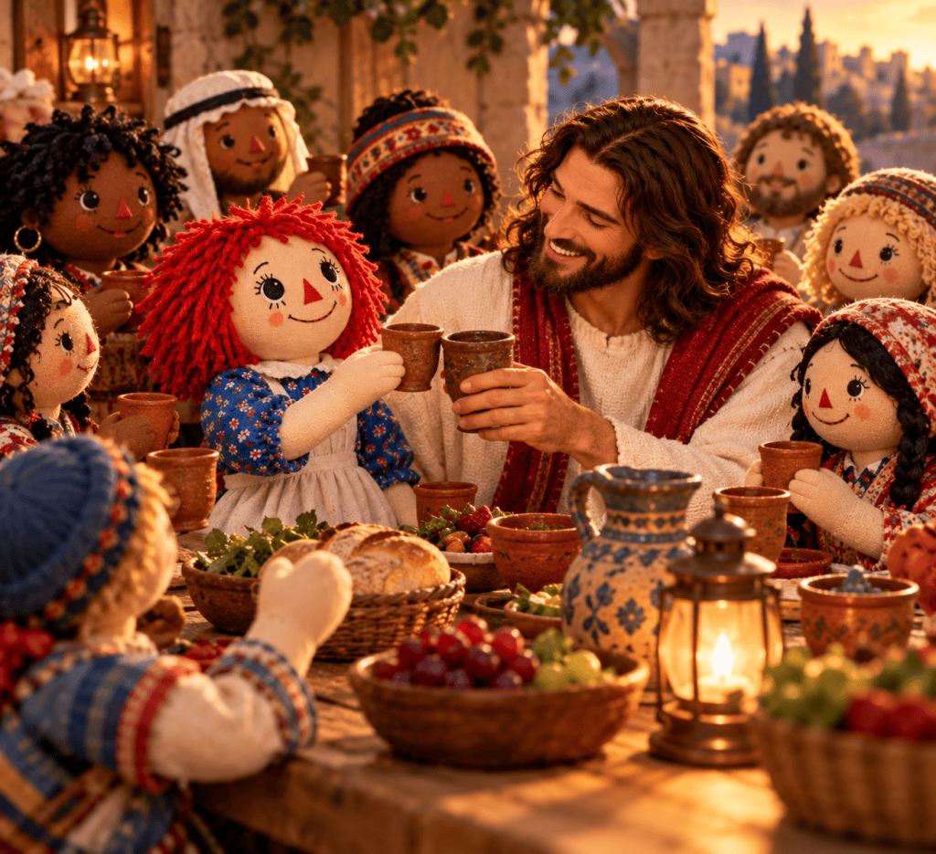 Raggedy Ann and a diverse family of handmade cloth dolls share a joyful communion feast with Jesus at a rustic table.