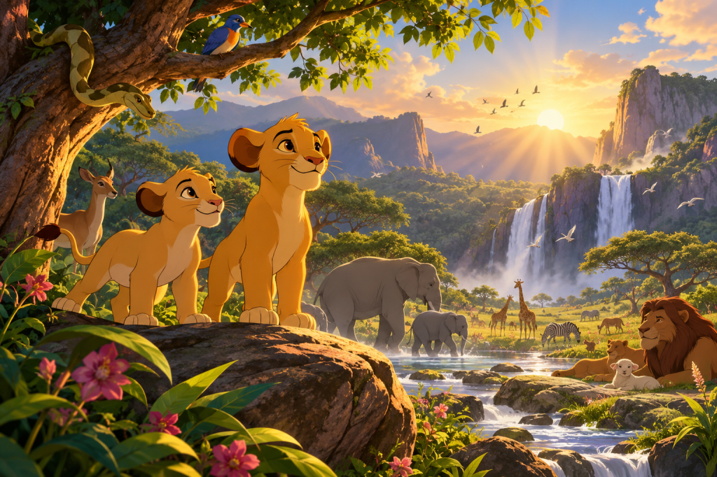 Two young lion brothers survey a sunlit savannah under their father's watchful presence.