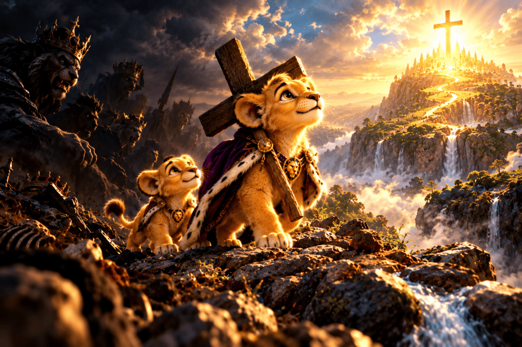 Two golden lion cub brothers walk courageously through a shadowy valley, the older carrying a wooden cross toward a radiant mountain city while threatening crowned lions loom in darkness.
