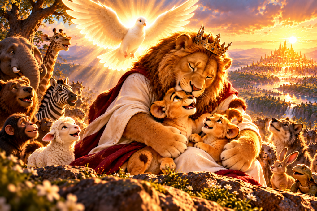 A crowned father lion tenderly embraces two golden lion cub brothers in a peaceful paradise, beneath a radiant white dove, with animals gathered in harmony and a golden city beyond.