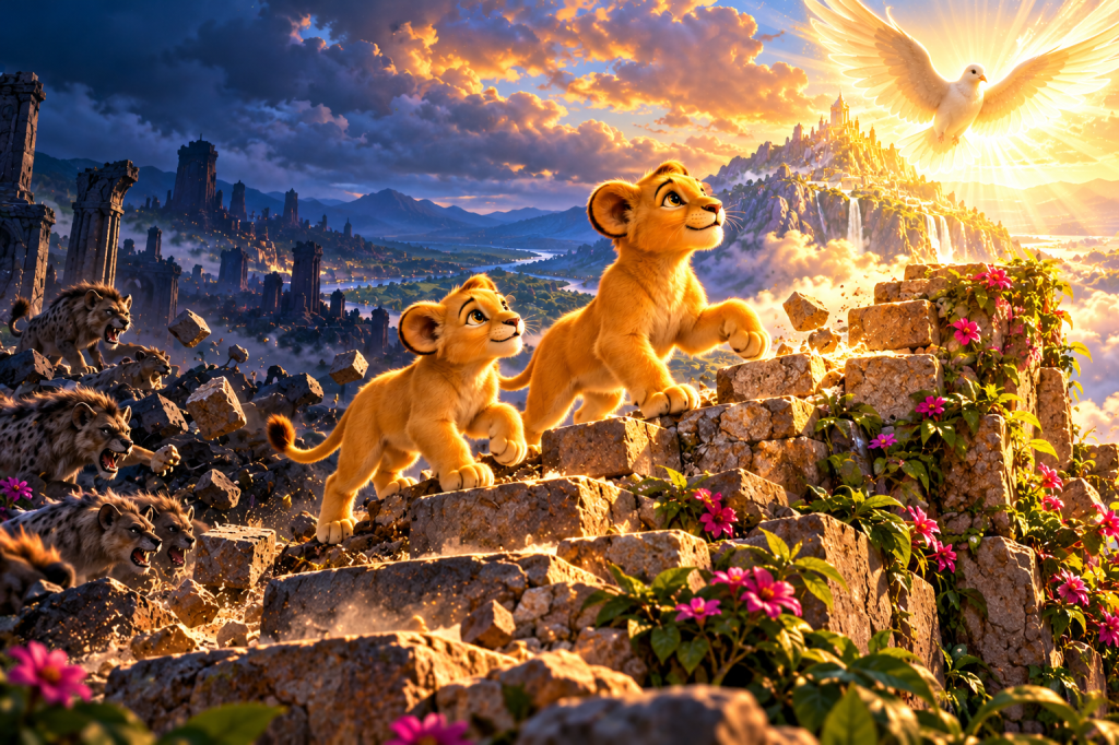 Two lion cub brothers climb a staircase formed from stones thrown by enemies, toward a radiant dove and golden light.