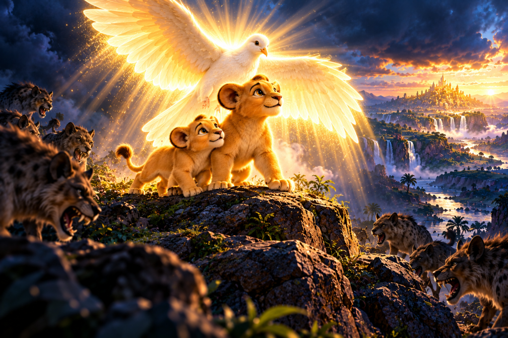 Two golden lion cub brothers stand secure beneath the luminous wings of a white dove while threatening predators surround them in a dark landscape.