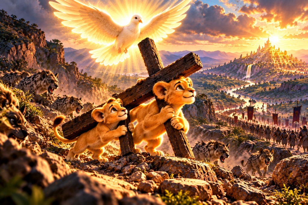 Two golden lion cub brothers carry a wooden cross through a rocky wilderness, surrounded by hostile hyenas, while a luminous white dove flies overhead toward a golden city.