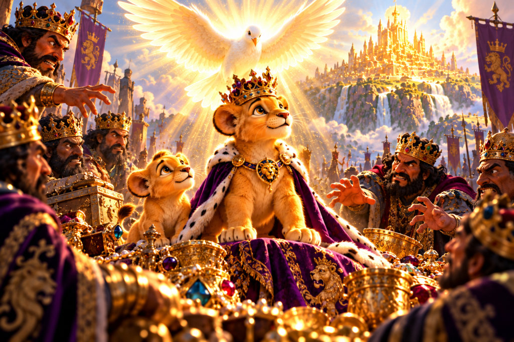 A golden lion cub wearing a jeweled crown and royal purple cloak stands secure under a radiant white dove, while jealous kings gather around him and his younger brother.