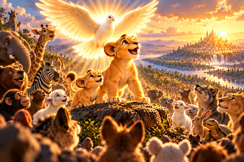 Two golden lion cub brothers joyfully declare God's glory among a diverse gathering of animals beneath a radiant white dove, overlooking a golden valley and distant city.