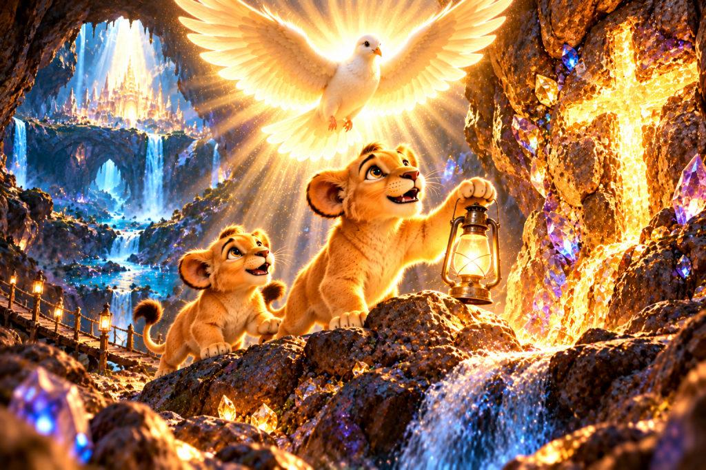 Two golden lion cub brothers descend into a luminous crystal cavern, discovering a glowing cross-shaped formation while a radiant white dove shines above them.