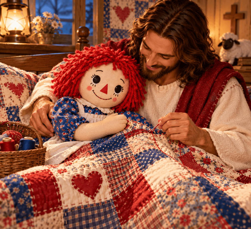 Raggedy Ann cradled by Jesus as he stitches a colorful heart-patterned quilt together in a warm lamplit sewing room.