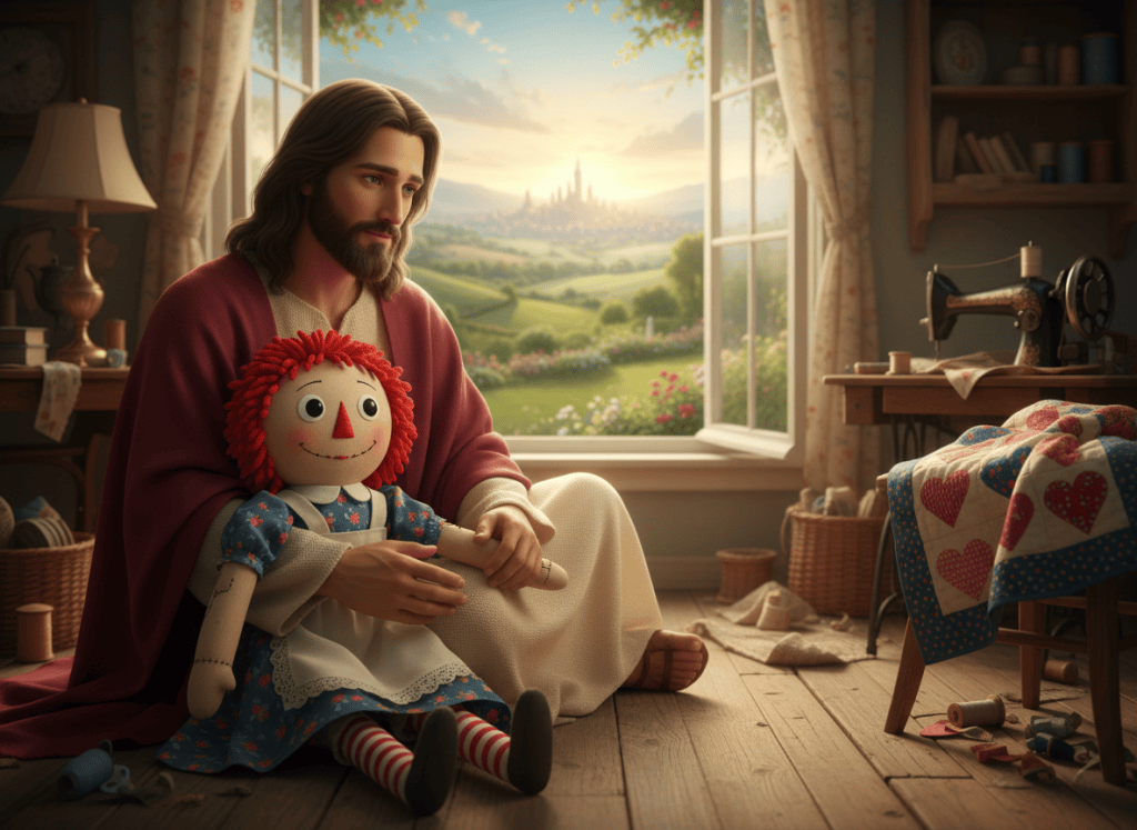 Raggedy Ann, her patchwork seams visible, sits beside Jesus looking longingly from a cozy sewing room toward a luminous garden and distant city.