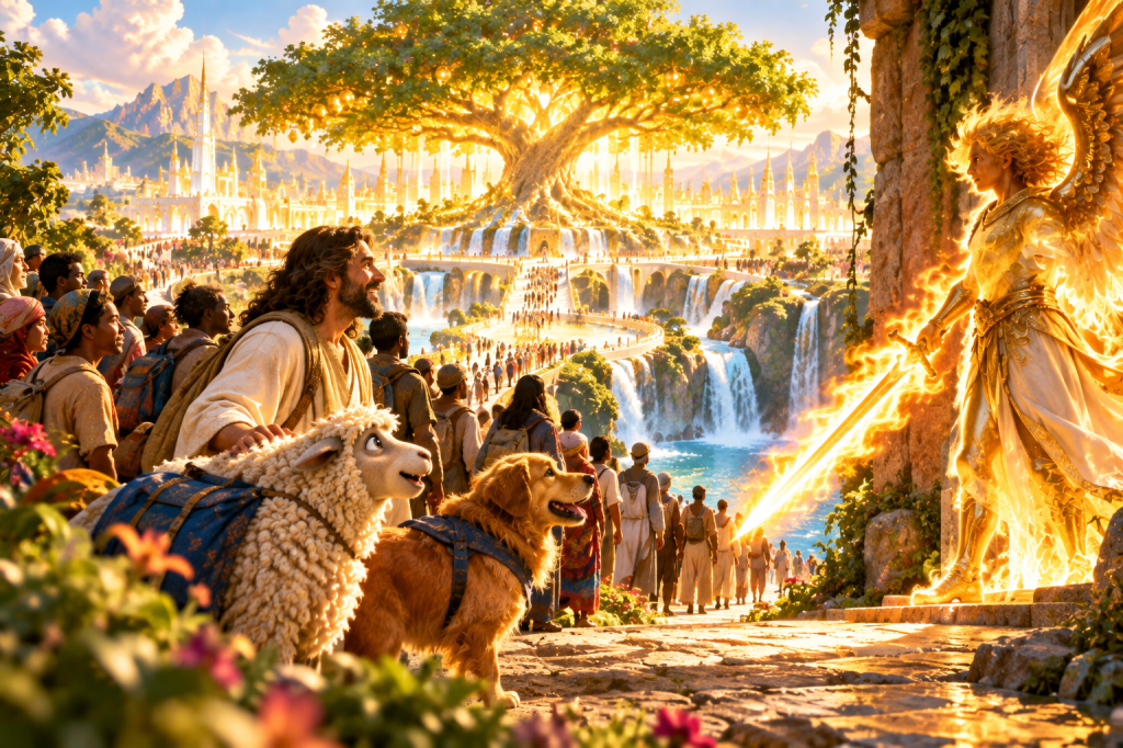 A radiant un-city without walls surrounds a colossal Tree of Life while pilgrims approach a luminous cherub with a flaming sword beside waterfalls and a golden city.